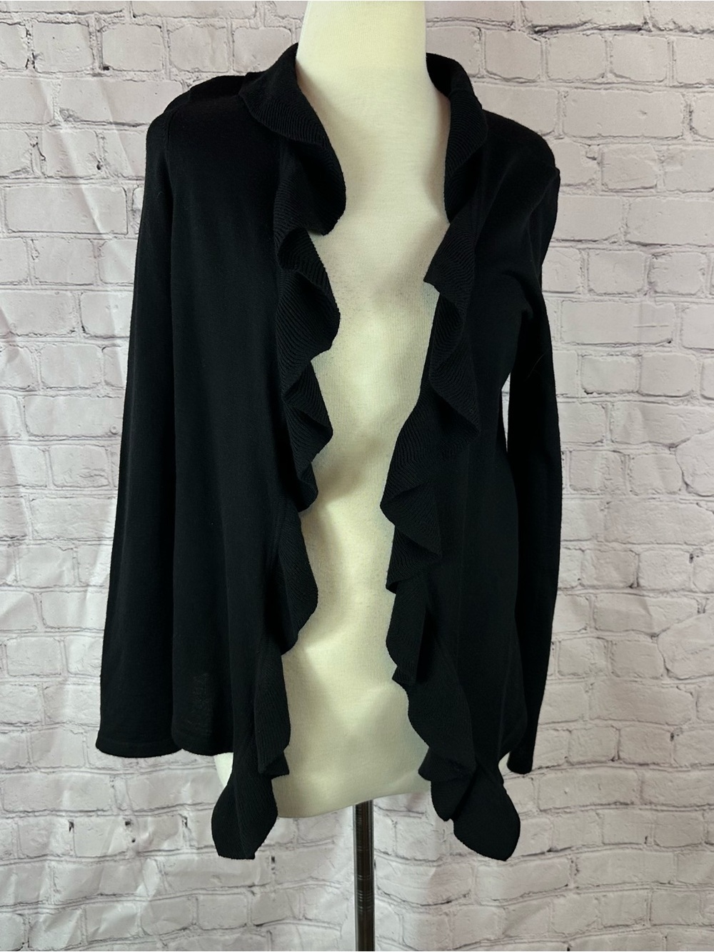 Talbots Black Ruffle-Trim Open merino wool Cardigan women S* layer minimalist